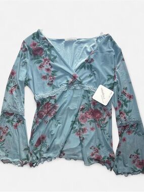 Rebellious Blue Floral Mesh Lace Long Flare Sleeve Top - Size XL - NWT